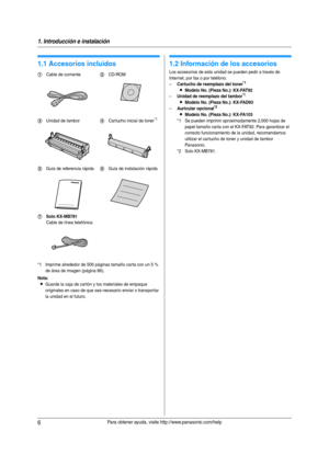 Page 61. Introducción e instalación
6Para obtener ayuda, visite http://www.panasonic.com/help
1 I ntrodu cc ión e in stal aci ón 1Para ob tene r ay uda , vi sit e htt p://www.pan aso nic .com/hel p
Acceso rio s
1.1 Accesorios incluidos 
*1 Imprime alrededor de 500 páginas tamaño car ta con un 5 % 
de área de imagen (página 86).
Nota:
LGuarde la caja de cartón y los materiales de empaque 
originales en caso de que sea necesario enviar o transportar 
la unidad en el futuro.
1.2 Información de los accesorios
Los...