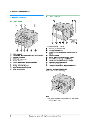 Page 81. Introducción e instalación
8Para obtener ayuda, visite http://www.panasonic.com/help
1.4 Generalidades
1.4.1 Vista frontal
1.4.2 Vista posterior
* El modelo ilustrado es KX-MB781.
Para retirar la cinta adhesiva de envío
Retire la cinta adhesiva de envío (1).
Nota:
LLas posiciones de la cinta adhesiva de envío están sujetas a 
cambio sin previo aviso.
1Cubierta superior
2Cubierta ADF (Alimentador automático de documentos)
3Guías del documento
4Cubierta de documentos
5Bandeja de salida
6Palanca de...