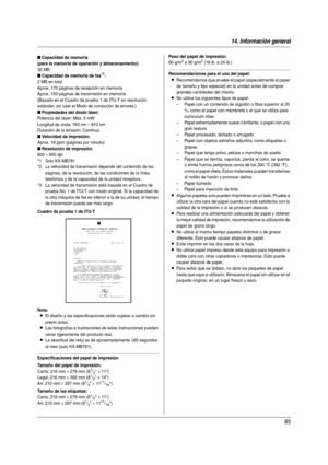 Page 8514. Información general
85
Cuadro de prueba 1 de ITU-T
Nota:
LEl diseño y las especificaciones están sujetos a cambio sin 
previo avi so.
LLas fotografías e ilustraciones de estas instrucciones pueden 
variar ligeramente del producto real.
LLa exactitud del reloj es de aproximadamente ±60 segundos 
al mes (solo KX-MB781).
Especificaciones del papel de impresión
Tamaño del papel de impresión:
Car ta: 216 mm × 279 mm (81/2 × 11)
Legal: 216 mm 
× 356 mm (81/2 × 14)
A4: 210 mm 
× 297 mm (81/4 × 1111/16)...