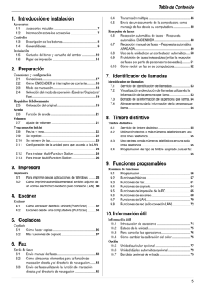 Page 5Tabla de Contenido
5
1.  Tabl a de Co nten ido1. Introducción e instalación
Accesorios
1.1 Accesorios incluidos ...................................................7
1.2 Información sobre los accesorios ...............................7
Controles
1.3 Descripción de los botones.........................................8
1.4 Generalidades ............................................................9
Instalación
1.5 Cartucho del tóner y cartucho del tambor ................10
1.6 Papel de impresión...