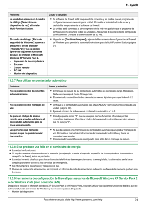 Page 9111. Ayuda
91Para obtener ayuda, visite http://www.panasonic.com/help
11.3.7 Para utilizar un contestador automático
11.3.8 Si se produce una falla en el suministro de energía
LLa unidad no funcionará.
LSi hay documentos almacenados en la memoria (por ejemplo, durante el copiado, impresión de la computadora, transmisión o 
recepción de faxes), éstos se perderán.
LLa unidad no está diseñada para hacer llamadas telefónicas de emergencia cuando la energía falla. La alternativa sería hacer 
arreglos para...