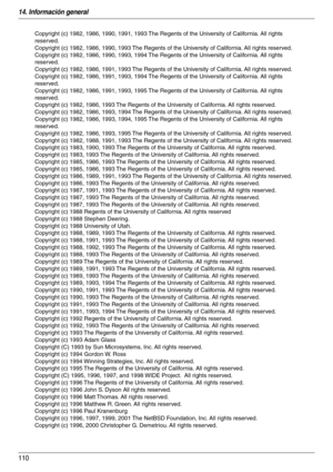 Page 11014. Información general
110
Copyright (c) 1982, 1986, 1990, 1991, 1993 The Regents of the University of California. All rights 
reserved.
Copyright (c) 1982, 1986, 1990, 1993 The Regents of the University of California. All rights reserved.
Copyright (c) 1982, 1986, 1990, 1993, 1994 The Regents of the University of California. All rights 
reserved.
Copyright (c) 1982, 1986, 1991, 1993 The Regents of the University of California. All rights reserved.
Copyright (c) 1982, 1986, 1991, 1993, 1994 The Regents...