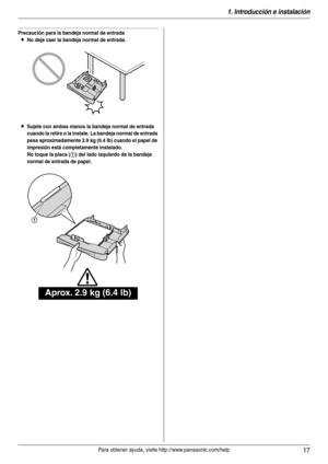 Page 171. Introducción e instalación
17Para obtener ayuda, visite http://www.panasonic.com/help
Precaución para la bandeja normal de entrada
LNo deje caer la bandeja normal de entrada.
LSujete con ambas manos la bandeja normal de entrada 
cuando la retire o la instale. La bandeja normal de entrada 
pesa aproximadamente 2.9 kg (6.4 lb) cuando el papel de 
impresión está completamente instalado.
No toque la placa (
1) del lado izquierdo de la bandeja 
normal de entrada de papel.
Aprox. 2.9 kg (6.4 lb)
1 