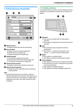 Page 91. Introducción e instalación
9Para obtener ayuda, visite http://www.panasonic.com/help
1.4 Descripciones de pantalla
AModo de función
LMuestra el estado del modo de características.
BBarra de estado
LMuestra el modo de operación (página 20).
LMuestra fecha y hora (página 22).
LMuestra mensajes de error (página 83).
CPantalla principal
LSe mostrará la configuración de función.
LMuestra documentos de fax recibidos (página 48).
LSe mostrará el mensaje de error (página 83).
DVida del cartucho de tóner...