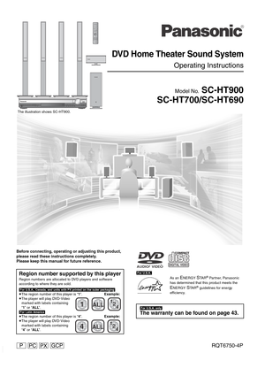 Page 1R
GCP PPC PXRQT6750-4P
DVD Home Theater Sound System
Operating Instructions
Model No. SC-HT900
SC-HT700/SC-HT690
AV SYSTEMTV/VIDEO
DISC
PAGE
GROUPSEQUENTIALREPEATPLAY MODEFL DISPLAYCANCELSKIP
CHTOP MENU
DISPLAY
VOLUME
SUBWOOFERLEVELSLEEP
C.S.MZOOM
AUDIOAV AFFECTP.MEMORYS.POSITIONSFCC.FOCUS
S.SRNDMIX 2CH
    PL
TESTCH SELECTDR COMPQUICK REPLAYDELAY TIME
SUBTITLERETURN
TV VOL sTV VOL rDIRECT
NAVIGATORPLAY LISTMENUSLOW/SEARCH123
456
78
09TUNER/BAND DVD/CDTV VCR
ENTERSETUP
MUTING DIGITAL
AUX
S10/ENTER
SHIFT...