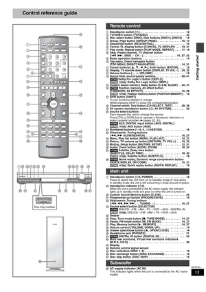 Page 1313
RQT6750
Getting started
Control reference guide
1Standby/on switch [Í] . . . . . . . . . . . . . . . . . . . . . . . . . . . . . . 12
2TV/VIDEO button [TV/VIDEO]. . . . . . . . . . . . . . . . . . . . . . . . . 32
3Disc select button [DISC], Disc buttons [DISC1]–[DISC5]  . . 14
4Group, Page button [GROUP, PAGE]. . . . . . . . . . . . . . . . 16, 17
5Sequential button [SEQUENTIAL] . . . . . . . . . . . . . . . . . . . . . 15
6Cancel, FL display button [CANCEL, FL DISPLAY] . . . . 19, 31
7
Play mode,...