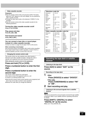 Page 3333
RQT6750
Other functions
Preparation
≥Face the remote control at this unit and press [VCR]. The button 
lights and “VCR” appears on the unit’s display. You can operate the 
video cassette recorder.
≥Change the video input mode on the television (“VIDEO 2” in the 
example).
≥Face the remote control at the video cassette recorder for the 
following operations.
Turning the video cassette recorder on/off
Press [Í AV SYSTEM].
Play, pause and stop
Press [1], [;] or [∫].
Fast forward and rewind
Press [6] or...