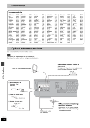 Page 3636
RQT6750
Other functions
Changing settings
Use outdoor antennas if radio reception is poor.
[Note]
Disconnect the antenna when the unit is not in use.
Do not use the outdoor antenna during an electrical storm.
Abkhazian: 6566
Afar: 6565
Afrikaans: 6570
Albanian: 8381
Ameharic: 6577
Arabic: 6582
Armenian: 7289
Assamese: 6583
Aymara: 6588
Azerbaijani: 6590
Bashkir: 6665
Basque: 6985
Bengali; Bangla:6678
Bhutani: 6890
Bihari: 6672
Breton: 6682
Bulgarian: 6671
Burmese: 7789
Byelorussian: 6669
Cambodian:...