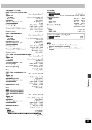 Page 3939
RQT6750
Reference
SPEAKER SECTION
[HT900] [Front/Surround\speakers\SB-FS900] 
Ty pe2 Way, 2 Speaker, Bass-ref.
Speaker unit
Full range6.5 cm (2
1/2z) cone type, 6 ≠
Super tweeterPIEZO type
Input power60 W (Music)
Output sound pressure level79 dB/W (1.0 m)
Crossover frequency10 kHz
Frequency range85 Hz – 25 kHz (j16 dB)
90 Hz – 22 kHz (j10 dB)
Dimensions (WtHtD) (with stand) 250k1061.5k250 mm
(9
27/32zk4125/32zk927/32z)
Mass (with stand) 4.1 kg (9.0 lb.)
[HT900] [Center\speaker\SB-PC701]
Ty pe2 Way, 3...