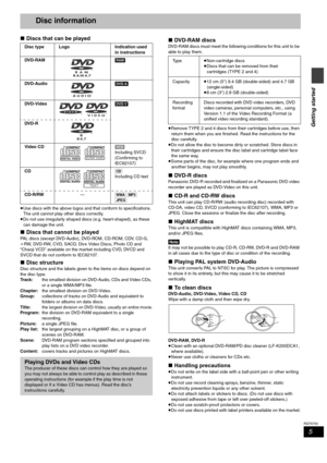 Page 55
RQT6750
Getting started
Disc information
∫Discs that can be played
≥Use discs with the above logos and that conform to specifications. 
The unit cannot play other discs correctly.
≥Do not use irregularly shaped discs (e.g. heart-shaped), as these 
can damage the unit.
∫Discs that cannot be played
PAL discs (except DVD-Audio), DVD-ROM, CD-ROM, CDV, CD-G, 
iRW, DVD-RW, CVD, SACD, Divx Video Discs, Photo CD and 
“Chaoji VCD” available on the market including CVD, DVCD and 
SVCD that do not conform to...