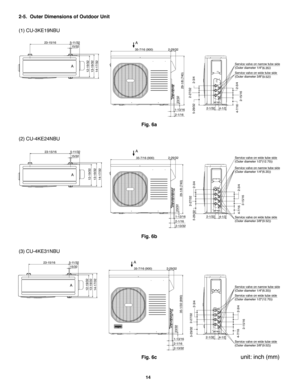 Page 11014
Fig. 6a
23-15/165-11/32
15/32
35-7/16 (900)
13-19/32 12-19/32
14-17/32
2-29/32
29-1/8 (740) 23/32
1-13/16
2-1/165-29/322-27/32
2-3/42-1/324-7/16
2-15/162-3/44-1/2
A
Service valve on narrow tube side
(Outer diameter 1/4"(
6.35))
Service valve on wide tube side
(Outer diameter 3/8"(
9.52))A
(1) CU-3KE19NBU
Fig. 6b
23-15/165-11/32
15/32
12-19/32
13-19/32
14-17/32
35-7/16 (900)
29-1/8 (740)
2-1/16 1-13/16 2-29/32
2-13/32
A
4-1/2 2-1/325-29/322-27/32
2-3/4
4-7/16
2-15/162-3/4
Service valve on...