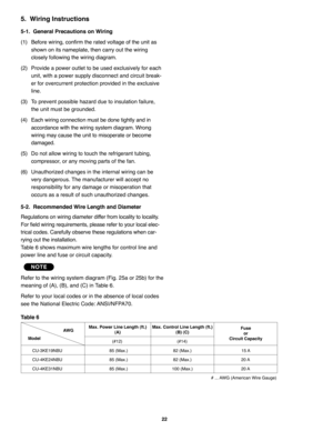 Page 11822
5.  Wiring Instructions
5-1.  General Precautions on Wiring
(1) Before wiring, confirm the rated voltage of the unit as
shown on its nameplate, then carry out the wiring 
closely following the wiring diagram.
(2) Provide a power outlet to be used exclusively for each
unit, with a power supply disconnect and circuit break-
er for overcurrent protection provided in the exclusive
line.
(3) To prevent possible hazard due to insulation failure, 
the unit must be grounded.
(4) Each wiring connection must be...