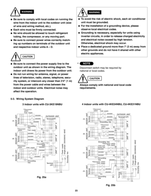 Page 11923
WARNING
Be sure to comply with local codes on running the
wire from the indoor unit to the outdoor unit (size
of wire and wiring method, etc.).
Each wire must be firmly connected.
No wire should be allowed to touch refrigerant
tubing, the compressor, or any moving part.
Be sure to connect power wires correctly match-
ing up numbers on terminals of the outdoor unit
and respective indoor units A – D.
CAUTION
Be sure to connect the power supply line to the
outdoor unit as shown in the wiring...