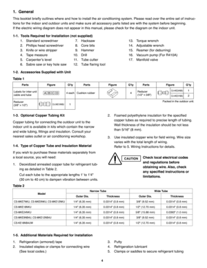 Page 1004
1-2.  Accessories Supplied with Unit 
Table 1
1-3.  Optional Copper Tubing Kit
Copper tubing for connecting the outdoor unit to the
indoor unit is available in kits which contain the narrow
and wide tubing, fittings and insulation. Consult your
nearest sales outlet or air conditioning workshop.
1-4.  Type of Copper Tube and Insulation Material
If you wish to purchase these materials separately from
a local source, you will need:
1. Deoxidized annealed copper tube for refrigerant tub-
ing as detailed in...