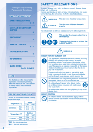 Page 22
SAFETY PRECAUTIONS
To prevent personal injury, injury to others, or property damage, please 
comply with the following.
Incorrect operation due to failure to follow instructions below may cause 
harm or damage, the seriousness of which is classiﬁ ed as below:
  WARNINGWARNINGThis sign warns of death or serious injury.
  CAUTIONCAUTION 
This sign warns of injury or damage to 
property.
The instructions to be followed are classiﬁ ed by the following symbols:
This symbol denotes an action that is...