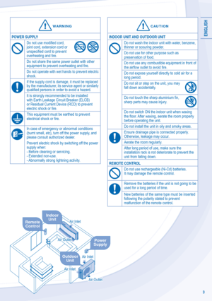 Page 3ENGLISH
3
 CAUTIONCAUTION
INDOOR UNIT AND OUTDOOR UNIT
Do not wash the indoor unit with water, benzene, 
thinner or scouring powder.
Do not use for other purpose such as  
preservation of food.
Do not use any combustible equipment in front of 
the airﬂ ow outlet to avoid ﬁ re.
Do not expose yourself directly to cold air for a 
long period.
Do not sit or step on the unit, you may 
fall down accidentally.
Do not touch the sharp aluminium ﬁ n, 
sharp parts may cause injury.
Do not switch ON the indoor unit...