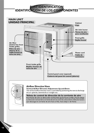 Page 1412
PART IDENTIFICATION
IDENTIFICACIÓN DE LOS COMPONENTESPART IDENTIFICATION
IDENTIFICACIÓN DE LOS COMPONENTES
Front intake grille
Rejilla frontal de
toma de aire
Air filter
(behind the front
intake grille)
Filtro de aire
(detras de la
rejilla frontal de
toma de aire)
MAIN UNIT
UNIDAD PRINCIPAL
Front grille
Rejilla frontal
Power cord
Cable de
suministro
Air inlet louver
Tomas de aire
para ventilación
Cabinet
Caja
Control panel cover (opened)
Cubierta del panel de control (abierto)
Airflow Direction Vane...