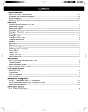 Page 2CONTENTS
Safety Information
IMPORTANT SAFETY INSTRUCTIONS ............................................................................................................................................... 1-3
Installation and Grounding Instructions ........................................................................................................................................ 3-4
Food Preparation...