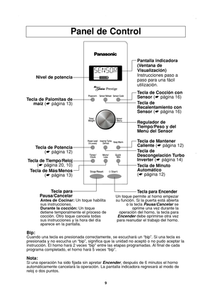 Page 11
9
Panel de Control
Bip:Cuando una tecla es presionada correctamente, se escuchará un “bip\
”. Si una tecla es
presionada y no escucha un “bip”, significa que la unidad no acept\
ó o no pudo aceptar la
instrucción. El horno hará 2 veces “bip” entre las etapas pr\
ogramadas. Al final de cada
programa completado, el horno hará 5 veces “bip”.
Nota:Si una operación ha sido fijada sin apretar Encender, después de 6 minutos el horno
automáticamente cancelará la operación. La pantalla indicadora \
regresará al...