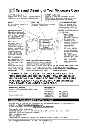 Page 28\f6
care and cleaning of your Microwave oven
label: 
Do not remove, wipe with a
damp cloth.
inside of the oven:
Wipe with a damp cloth
after using. Mild detergent
may be used if needed.
Do not use harsh deter-
gents or abrasives. oven door:
Wipe with a soft dry
cloth when steam
accumulates inside or
around the outside of
the oven door. During
cooking, especially
under high humidity
conditions, steam is
given off from the
food. (Some steam
will condense on cool-
er surfaces, such as
the oven door. This...