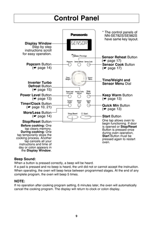 Page 119
control Panel
beep sound:
When a button is pressed correctly, a beep will be heard.If a pad is pressed and no beep is heard, the unit did not or cannot accept the instruction. When operating, the oven will beep twice between programmed stages. At the end of anycomplete program, the oven will beep 5 times.
note:
If no operation after cooking program setting, 6 minutes later, the oven will automaticallycancel the cooking program. The display will return to clock or colon display.
Popcorn  Button
(* page...