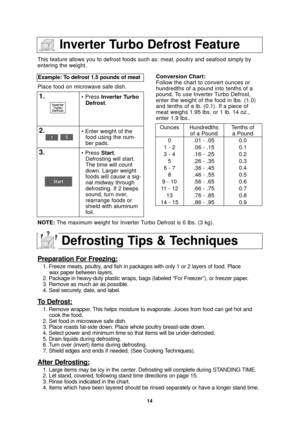 Page 1614
This feature allows you to defrost foods such as: meat, poultry and seaf\
ood simply by
entering the weight.
Place food on microwave safe dish.Example: To defrost 1.5 pounds of meat  
1.• Press Inverter Turbo
Defrost.
2.• Enter weight of thefood using the num-
ber pads.
3.• Press Start.Defrosting will start.
The time will count
down. Larger weight
foods will cause a sig-
nal midway through
defrosting. If 2 beeps
sound, turn over,
rearrange foods or
shield with aluminum
foil. Conversion Chart:
Follow...