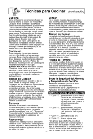 Page 25\f3
tMcnicas para cocinar(continuación)
cubiertaComo en la cocina convencional, el vapor se
evapora durante la cocciYn por microondas\f
Las tapas de las cacerolas o cubiertas de
plUstico son usadas para sellar ajustadamente\f
Cuando utilice envoltura plUstica, ventile la
cubierta plUstica doblando parte de la misma
de una esquina del plato para permitir que el
vapor escape\f Suelte para tiempo de reposo\f
Cuando quite la cubierta plUstica asW como
cualquier tapa de cristal, tenga cuidado de
quitarla...