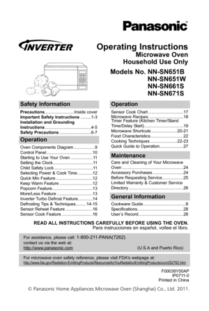 Page 1operating instructions
Microwave oven
household use only
Models no\b nn-sn651b nn-sn651Wnn-sn661s
nn-sn671s
safety information
Precautions \f\f\f\f\f\f\f\f\f\f\f\f\f\f\f\f\f\f\f\f\f\f\f\f\fInside cover
important safety instructions \f\f\f\f\f\f\f\f\f1-3
installation and grounding
instructions \f\f\f\f\f\f\f\f\f\f\f\f\f\f\f\f\f\f\f\f\f\f\f\f\f\f\f\f\f\f\f\f\f\f\f\f\f\f\f4-5
safety Precautions \f\f\f\f\f\f\f\f\f\f\f\f\f\f\f\f\f\f\f\f\f\f\f\f\f\f\f6-7
operation
Sensor Cook Chart...