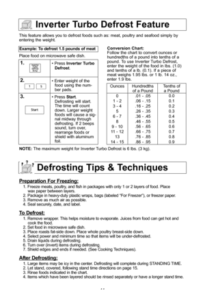 Page 1614
inverter turbo defrost feature
This feature allows you to defrost foods such as: meat, poultry and seafood simply by
entering the weight\f
Place food on microwave safe dish\f
example: to defrost 1\b5 pounds of meat  
1\b\ Press  inverter turbo
defrost\f
\f\b\ Enter weight of the food using the num-
ber pads\f
3\b\ Press  start\f
Defrosting will start\f
The time will count
down\f Larger weight
foods will cause a sig-
nal midway through
defrosting\f If 2 beeps
sound, turn over,
rearrange foods or
shield...