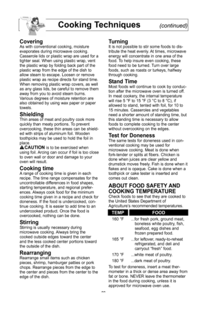 Page 25\f3
cooking techniques(continued)
coveringAs with conventional cooking, moisture
evaporates during microwave cooking\f
Casserole lids or plastic wrap are used for a
tighter seal\f When using plastic wrap, vent
the plastic wrap by folding back part of the
plastic wrap from the edge of the dish to
allow steam to escape\f Loosen or remove
plastic wrap as recipe directs for stand time\f
When removing plastic wrap covers, as well
as any glass lids, be careful to remove them
away from you to avoid steam...