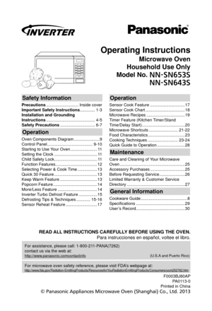 Page 1Operating Instructions
Microwave Oven
Household Use Only
Model No.  
//4/4
//4/4
Safety Information
Precautions ............................ Inside  cover
Important Safety Instructions ............. 1-3
Installation and Grounding
Instructions .......................................... 4-5
Safety Precautions .............................. 6-7
Operation
Oven Components Diagram ......................9
Control Panel ....................................... 9-10
Starting to Use Your Oven...