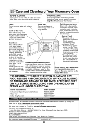 Page 2725
Care and Cleaning of Your Microwave Oven
BEFORE CLEANING:Unplug oven at wall outlet. If outlet is inacces-
sible, leave oven door open while cleaning.AFTER CLEANING:
Be sure to place the Roller Ring and the
Glass Tray in the proper position and press 
Stop/Reset Pad to clear the Display.
Label:
Do not remove, wipe with a damp 
cloth.
Inside of the oven:
Wipe with a damp cloth 
after using. Mild detergent 
may be used if needed. 
Do not use harsh deter-
gents or abrasives.
Oven Door:
Wipe with a soft...