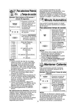 Page 1311
Para seleccionar Potencia
y Tiempo de cocción
NOTAS:
1. Para la cocción de más de una etapa,
repetir los pasos 1 y 2 para cada etapa
de cocción antes de presionar la tecla
Encender. Cuando esta funcionando,
sonarán dos  “bips” entre cada etapa de
la programación. Sonarán 5 “bips” al final
de toda la secuencia.
2. Cuando se selecciona la potencia P10
(ALTO) para la primera etapa, podrá
empezar en el paso 2.
3. Cuando seleccione Nivel de potencia 10
(ALTO), el máximo tiempo programable
es de 30 minutos....
