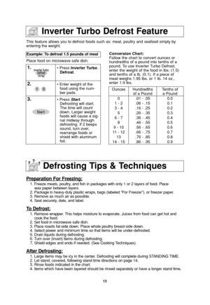 Page 1513
Inverter Turbo Defrost Feature
This feature allows you to defrost foods such as: meat, poultry and seafood simply by
entering the weight.
Place food on microwave safe dish.Example: To defrost 1.5 pounds of meat  
1.• Press Inverter Turbo
Defrost.
2.• Enter weight of the
food using the num-
ber pads.
3.• Press Start.
Defrosting will start.
The time will count
down. Larger weight
foods will cause a sig-
nal midway through
defrosting. If 2 beeps
sound, turn over,
rearrange foods or
shield with aluminum...
