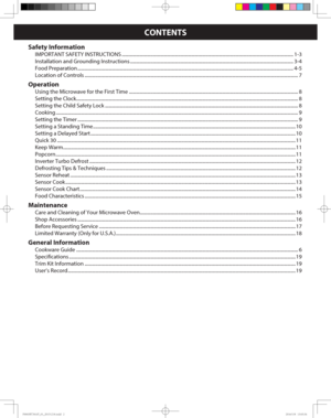 Page 2CONTENTS
Safety Information
IMPORTANT SAFETY INSTRUCTIONS ............................................................................................................................................... 1-3
Installation and Grounding Instructions ........................................................................................................................................ 3-4
Food Preparation...