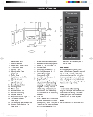 Page 97
Location of Controls
1  External Air Vent
2  Internal Air Vent
3   Door Safety Lock System
4   Exhaust Air Vent
5   Control Panel
6   Identification Plate
7   Glass Tray
8   Roller Ring
9   Heat/Vapor Barrier Film 
(do not remove)
10   Waveguide Cover
(do not remove)
11  Door Release Button
12 Warning label
13 Menu label
14  Power Supply Cord
15  Power Supply Plug
16 Display Window
17  Popcorn Pad (See page 11)
18  Sensor Reheat Pad 
(See page 13)
19  Sensor Cook Pad (See page 13)
20  Inverter Turbo...