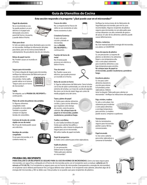 Page 2725
Papel de aluminio
No se recomienda su uso. 
Se puede producir un arco 
eléctrico si el papel está 
demasiado cerca de la 
pared del horno o la puerta, 
y puede dañar el horno.
Plato para dorar
Sí. Solo use platos para dorar diseñados para cocción 
en microondas. Verifique la información del plato 
para dorar, para ver las instrucciones/tabla de 
calentamiento. No precaliente más de seis minutos.
Bolsas de papel marrón
No. Pueden causar un incendio en 
el horno.
Seguro para microondas
Sí. Si tiene...