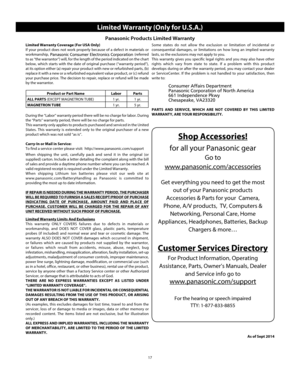 Page 1917
Limited Warranty (Only for U.S.A.)
Panasonic Products Limited Warranty 
Limited Warranty Coverage (For USA Only) 
If your product does not work properly because of a defect in materials \
or 
workmanship, 
Panasonic Consumer Electronics Corporation (referred 
to as “the warrantor”) will, for the length of the period indicat\
ed on the chart 
below, which starts with the date of original purchase (“warranty pe\
riod”), 
at its option either (a) repair your product with new or refurbished p\
arts, (b)...