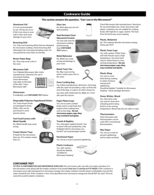 Page 86
Aluminum Foil
It is not recommended 
to use. Arcing can occur 
if foil is too close to oven 
wall or door and cause 
damage to your oven.
Browning Dish
Yes. Only use browning dishes that are designed 
for microwave cooking. Check browning dish 
information for instructions/heating chart. Do 
not preheat for more than six minutes.
Brown Paper Bags
No. They may cause a fire in 
the oven.
Microwave Safe
Yes. If labeled Microwave Safe, check 
manufacturers’ directions for use in 
microwave heating. 
Some...