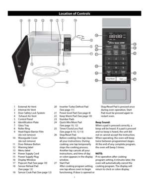 Page 97
Location of Controls
➀
➃
➆
➇
11
1214
15
//4/4
12➉➁\b
➂
➄
➅
➂13
//4/4
16
18
19
22
25
27
17
20
21
23
24
26
1  External Air Vent
2  Internal Air Vent
3   Door Safety Lock System
4   Exhaust Air Vent
5   Control Panel
6   Identification Plate
7   Glass Tray
8   Roller Ring
9   Heat/Vapor Barrier Film  (do not remove)
10   Waveguide Cover (do not remove)
11  Door Release Button
12 Warning label
13 Menu label
14  Power Supply Cord
15  Power Supply Plug
16 Display Window
17  Popcorn Pad (See page 10)...