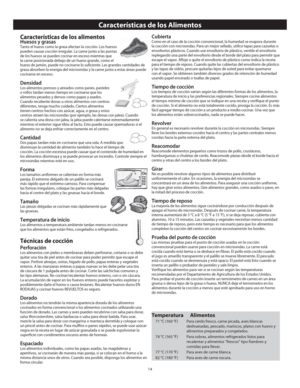 Page 1614
Características de los alimentosHuesos y grasasTanto el hueso como la grasa afectan la cocción. Los huesos 
pueden causar cocción irregular. La carne junto a las puntas 
de los huesos se pueden cocinar en exceso mientras que 
la carne posicionada debajo de un hueso grande, como el 
hueso de jamón, puede no cocinarse lo suficiente. Las grandes cantida\
des de 
grasa absorben la energía del microondas y la carne junto a estas á\
reas puede 
cocinarse en exceso.
DensidadLos alimentos porosos y aireados...