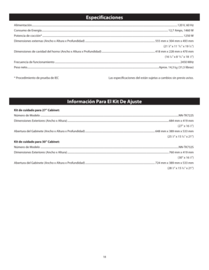 Page 2018
Especificaciones
Alimentación ........................................................\
..................................................................................................................................\
................................... 120 V, 60 Hz
Consumo de Energía ........................................................................\
.................................... ........................................................................\
............ 12,7 Amps, 1460 W...