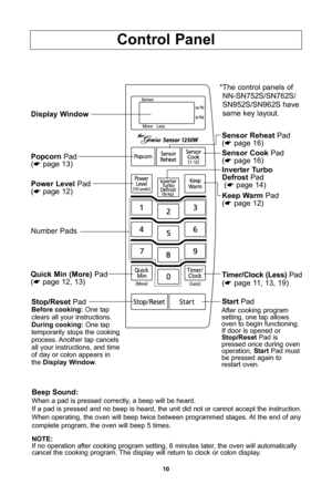 Page 1210
control Panel         
beep sound:
When a pad is pressed correctly, a beep will be heard\fIf a pad is pressed and no beep is heard, the unit did not or cannot accept the instruction\f When operating, the oven will beep twice between programmed stages\f At the end of anycomplete program, the oven will beep 5 times\f
note:
If no operation after cooking program setting, 6 minutes later, the oven will automaticallycancel the cooking program\f The display will return to clock or colon display\f
Popcorn...
