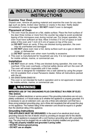 Page 64
examine your oven
Unpack oven, remove all packing material and examine the oven for any dam-
age such as dents, broken door latches or cracks in the door\f Notify dealer
immediately if oven is damaged\f do notinstall if oven is damaged\f
Placement of oven
1\f The oven must be placed on a flat, stable surface\f Place the front surface of
the door three inches or more from the counter top edge to avoid accidental
tipping of the microwave oven during normal use\f For proper operation, the
oven must have...