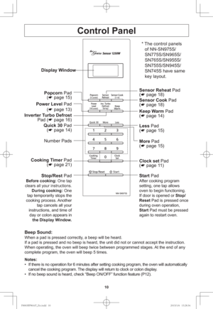 Page 1210
Control Panel
Beep Sound:
When a pad is pressed correctly, a beep will be heard.
If a pad is pressed and no beep is heard, the unit did not or cannot accept the instruction. 
When operating, the oven will beep twice between programmed stages. At the end of any 
complete program, the oven will beep 5 times.
Notes:
•  If there is no operation for 6 minutes after setting cooking program, the oven will automatically 
cancel the cooking program. The display will return to clock or colon display.
•  If no...