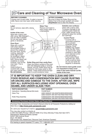 Page 2826
Care and Cleaning of Your Microwave Oven
BEFORE CLEANING:Unplug oven at wall outlet. If outlet is inacces-
sible, leave oven door open while cleaning.AFTER CLEANING:
Be sure to place the Roller Ring and the
Glass Tray in the proper position and press 
Stop/Reset Pad to clear the Display.
Label:
Do not remove, wipe with a damp 
cloth.
Inside of the oven:
Wipe with a damp cloth 
after using. Mild detergent 
may be used if needed. 
Do not use harsh deter-
gents or abrasives.
Oven Door:
Wipe with a soft...