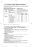 Page 1816
Inverter Turbo Defrost Feature
Example: To Defrost 1.5 pounds of meat
Place food on microwave safe dish.
1.
    • Press Inverter Turbo 
Defrost.
2.• Set weight of the food, 
using the number pads.
3.• Press Start.

Defrosting will start. 
The time will count 
down. Larger weight 
foods will cause 
a signal midway 
through defrosting. 
If 2 beeps sound, 
turn over, rearrange 
foods or shield with 
aluminum foil.
Conversion Chart:
Follow the chart to convert ounces or 
hundredths of a pound into tenths...