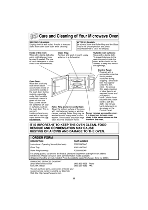 Page 2422
Care and Cleaning of Your Microwave Oven
BEFORE CLEANING:
Unplug oven at wall outlet. If outlet is inacces-
sible, leave oven door open while cleaning.AFTER CLEANING:
Be sure to place the Roller Ring and the Glass
Tray in the proper position and press
Stop/Reset Pad to clear the Display.
Inside of the oven:
Wipe with a damp cloth after
using, mild detergent may
be used if needed. The use
of harsh detergents or abra-
sives is not recommended.
Oven Door:
Wipe with a soft dry
cloth when steam
accumulates...