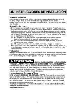 Page 64
INSTRUCCIONES DE INSTALACIÓN
—EL USO INAPROPIADO DE LA CLAVIJA PARA
CONEXIÓN A TIERRA PUEDE RESULTAR EN RIESGO DE DESCARGA ELÉCTRICA. 
Si es necesario usar un cable de extensión, use solamente cable de ex\
tensión de tres
hilos que tenga una clavija de tres entradas para conectar a tierra, y u\
n receptor de tres
ranuras que acepte la clavija del aparato. El calibre marcado en el cabl\
e de extensión
debe ser igual o mayor al calibre eléctrico del aparato.
Instrucciones de Conexión a Tierra
ESTE...