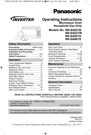 Page 1opera tin g in str u c
t io ns
M ic ro w a
v e o ven
h ouseh old  u se o nly
M odels  n o\b  n n -s a 631b
n n -s a 631W
n n-s a 
6 51s
n n-s a 
6 61s
s afe ty  in fo rm atio n
P re cau tio ns\f\f\f\f\f\f\f\f\f\f\f\f\f\f\f\f\f\f\f\f\f\f\f\f\f 
I n sid e c o ve r
im porta n t s afe ty  in str u ctio ns \f\f\f\f\f\f\f\f\f 
1 -3
in sta lla tio n a n d g ro und in g
in str u ctio n s \f\f\f\f\f\f\f\f\f\f\f\f\f\f\f\f\f\f\f\f\f\f\f\f\f\f\f\f\f\f\f\f\f\f\f\f\f\f\f 
4 -5
s afe ty  P re cau tio ns...
